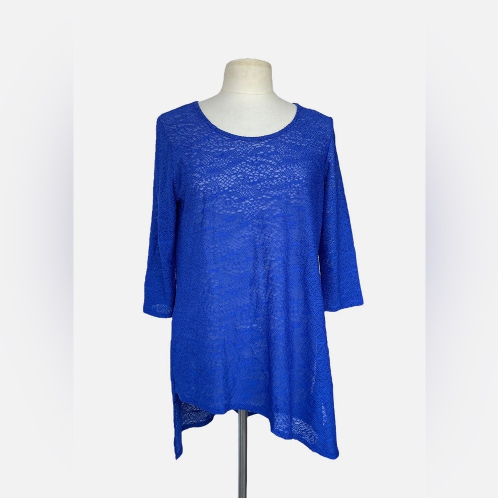 CLARA SUN WOO Blue Asymmetrical 3/4 Sleeve Scoop Neck Tunic Top